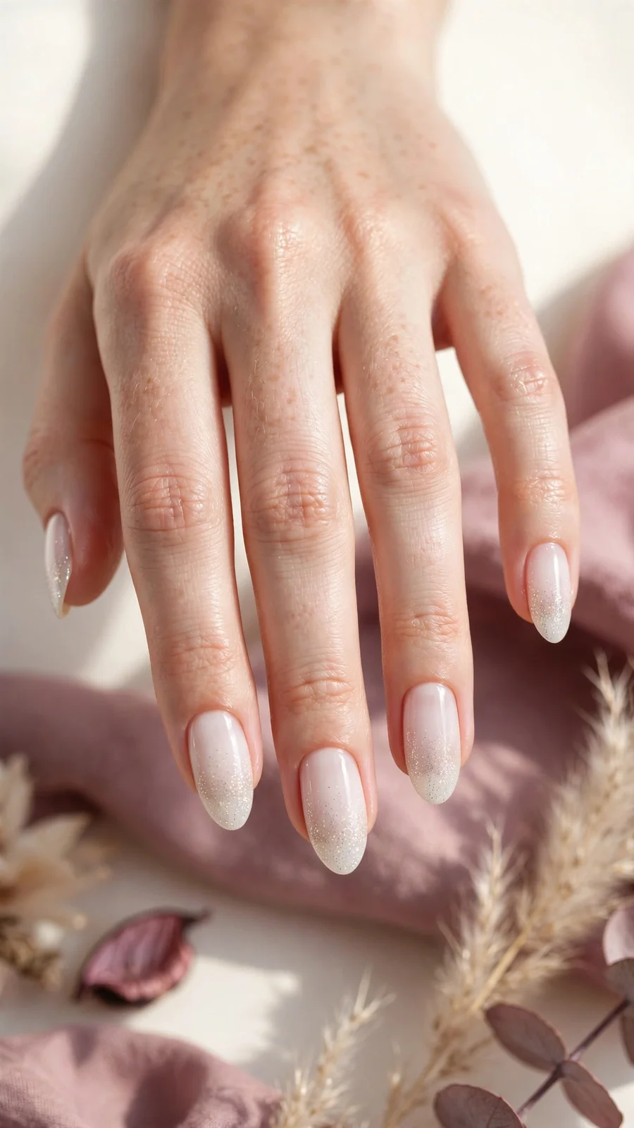 Milky white nails with micro glitter gradient at tips