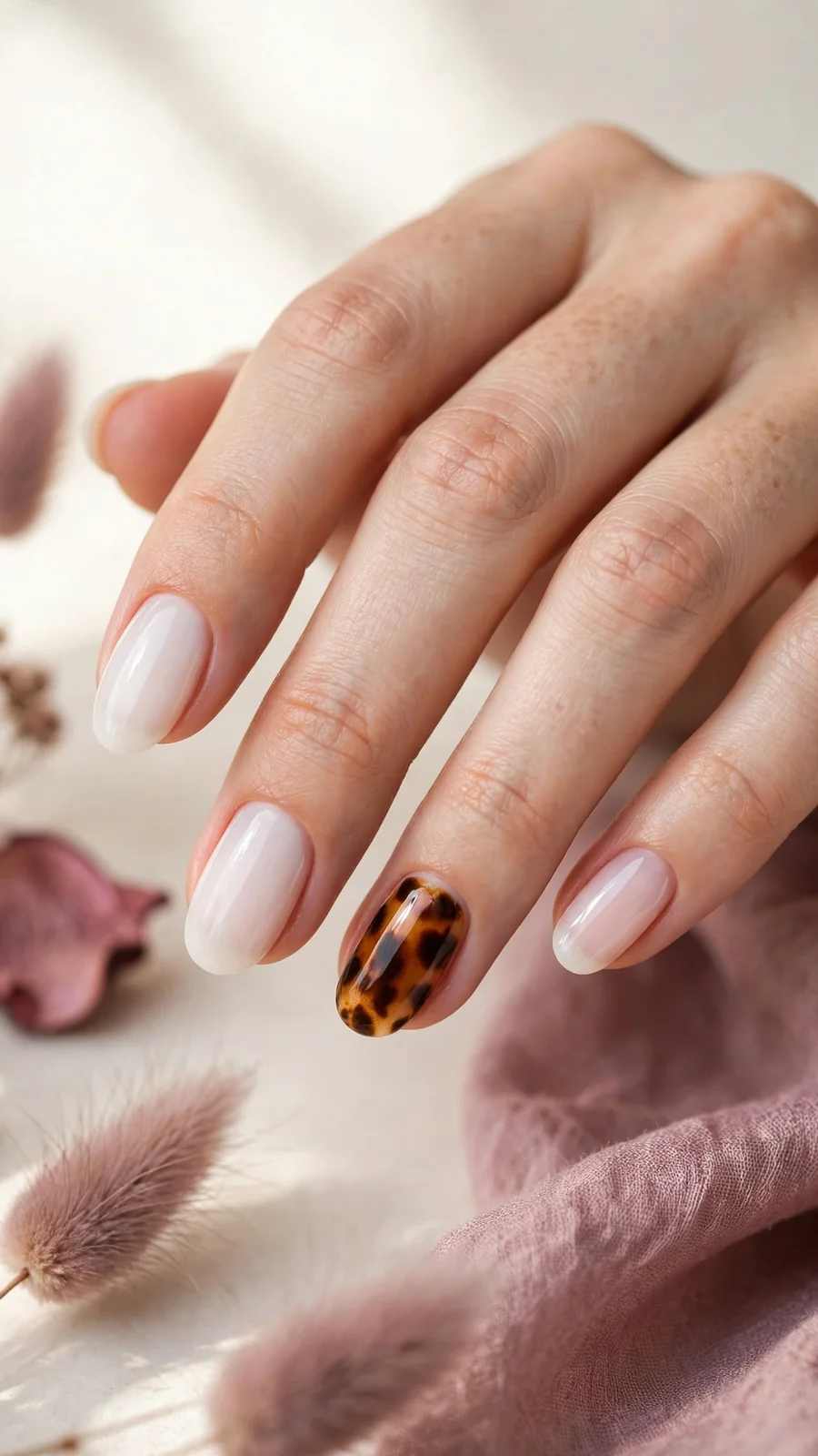 Milky white nails with tortoiseshell accent nail