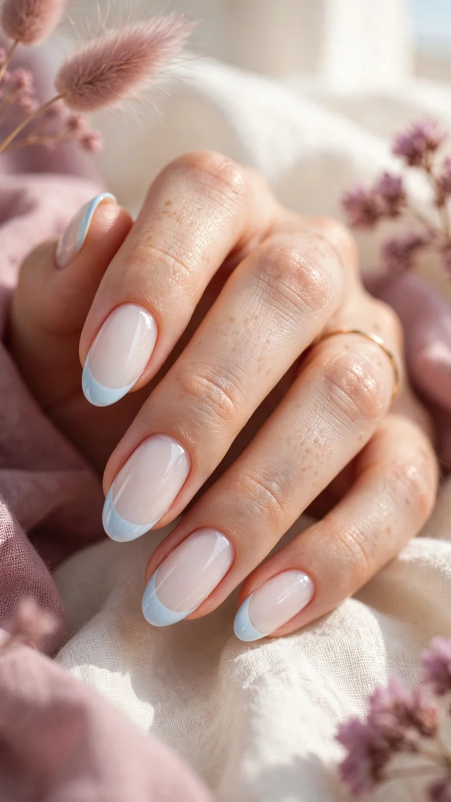 Milky white nails with baby blue French tips