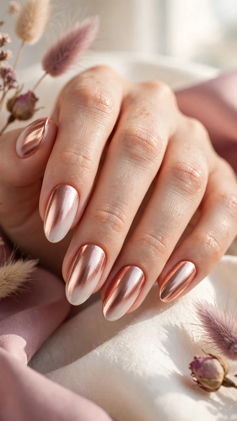 Milky white nails with rose gold chrome finish