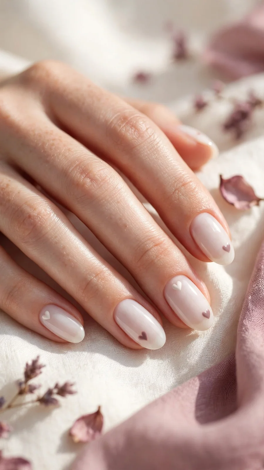 Milky white nails with tiny heart details