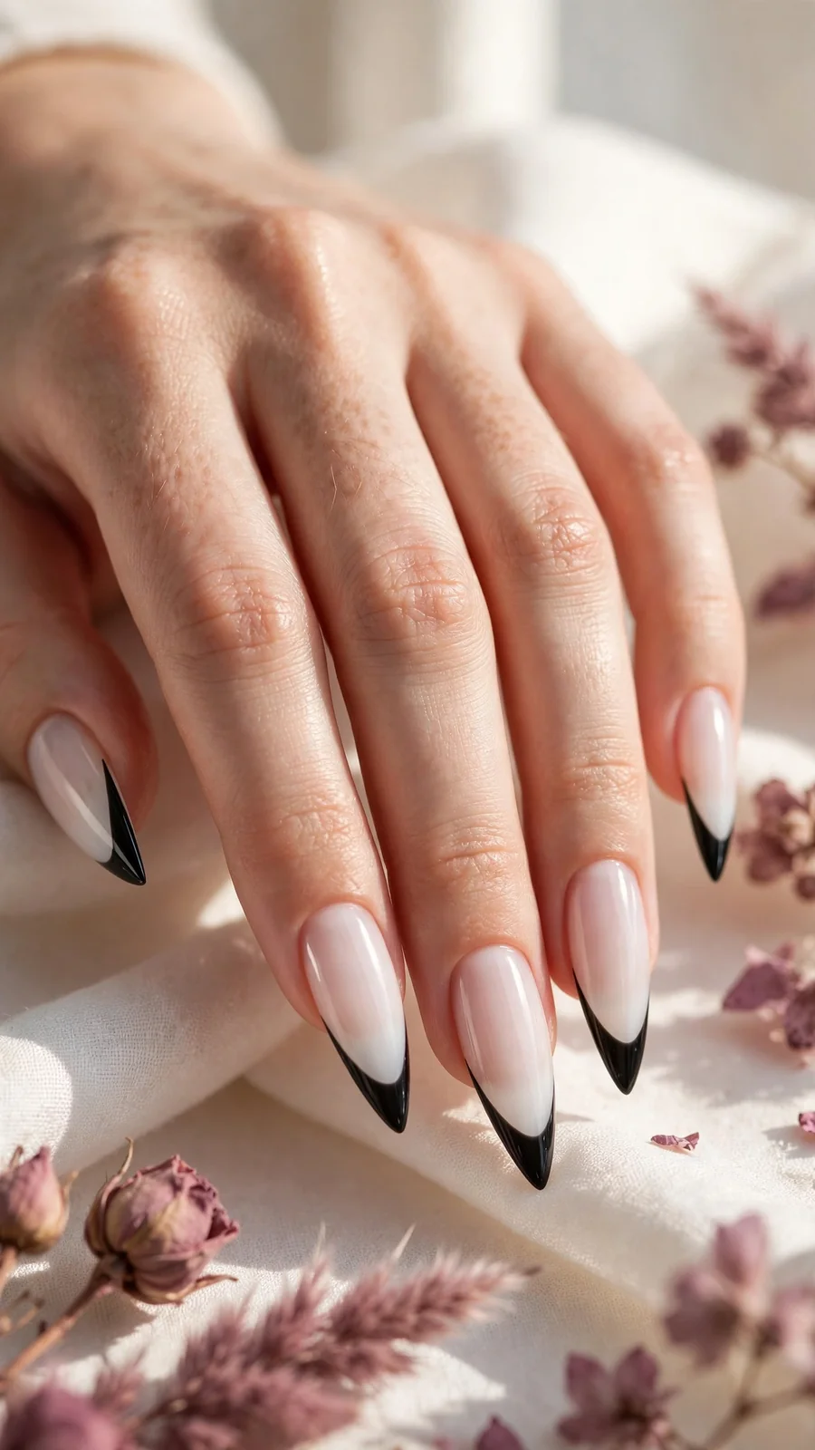 Milky white stiletto nails with black French tips