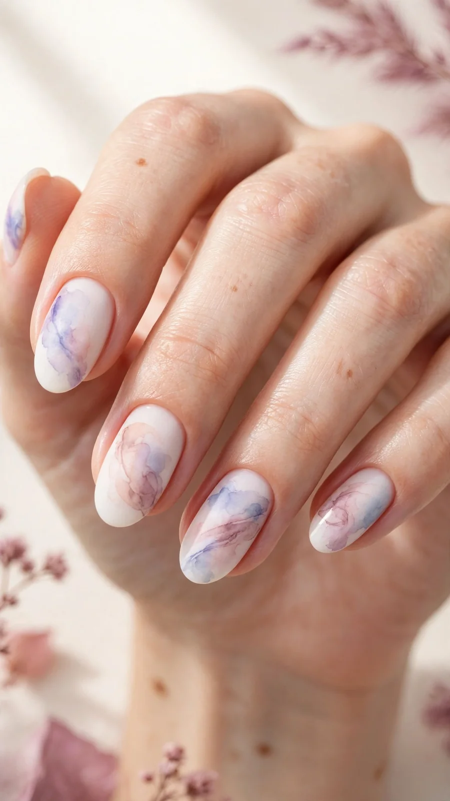 Milky white nails with pastel watercolor wash