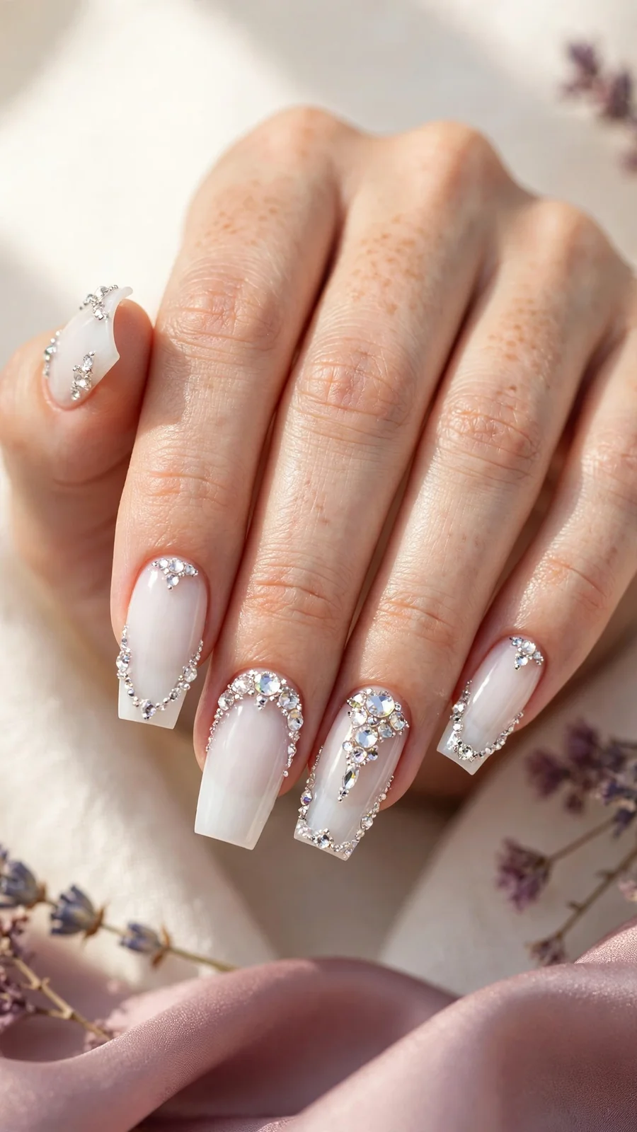Milky white ballerina nails with crystal embellishments