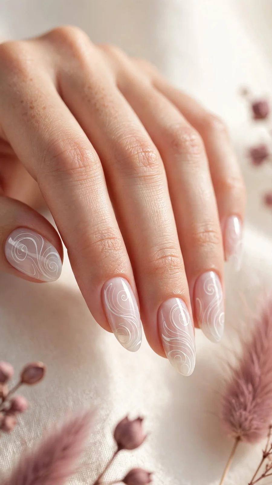 Sheer milky white nails with white swirl art