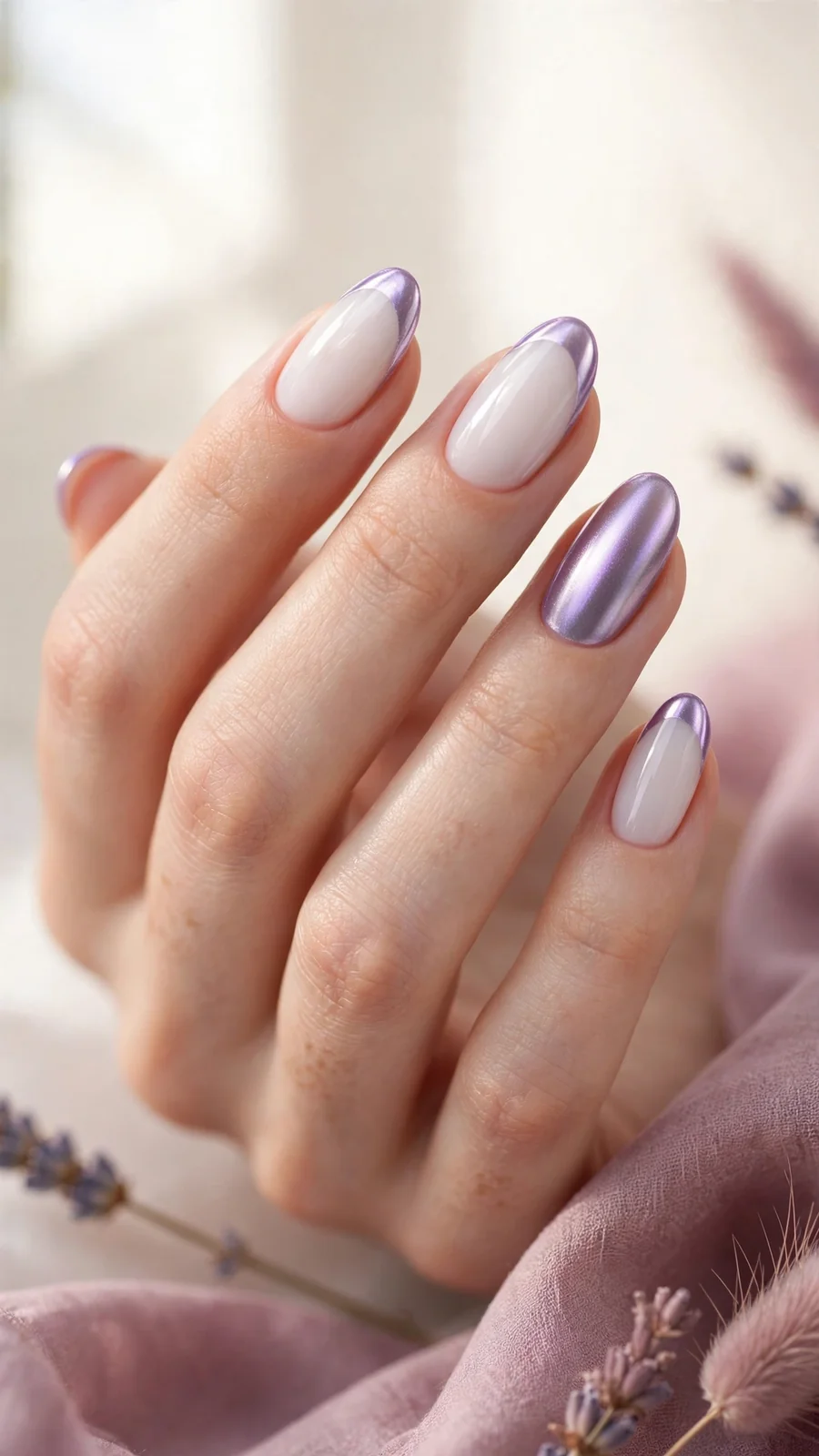 Milky white nails with lavender chrome finish