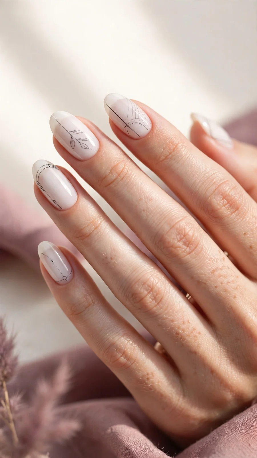 Milky white nails with minimalist black line art
