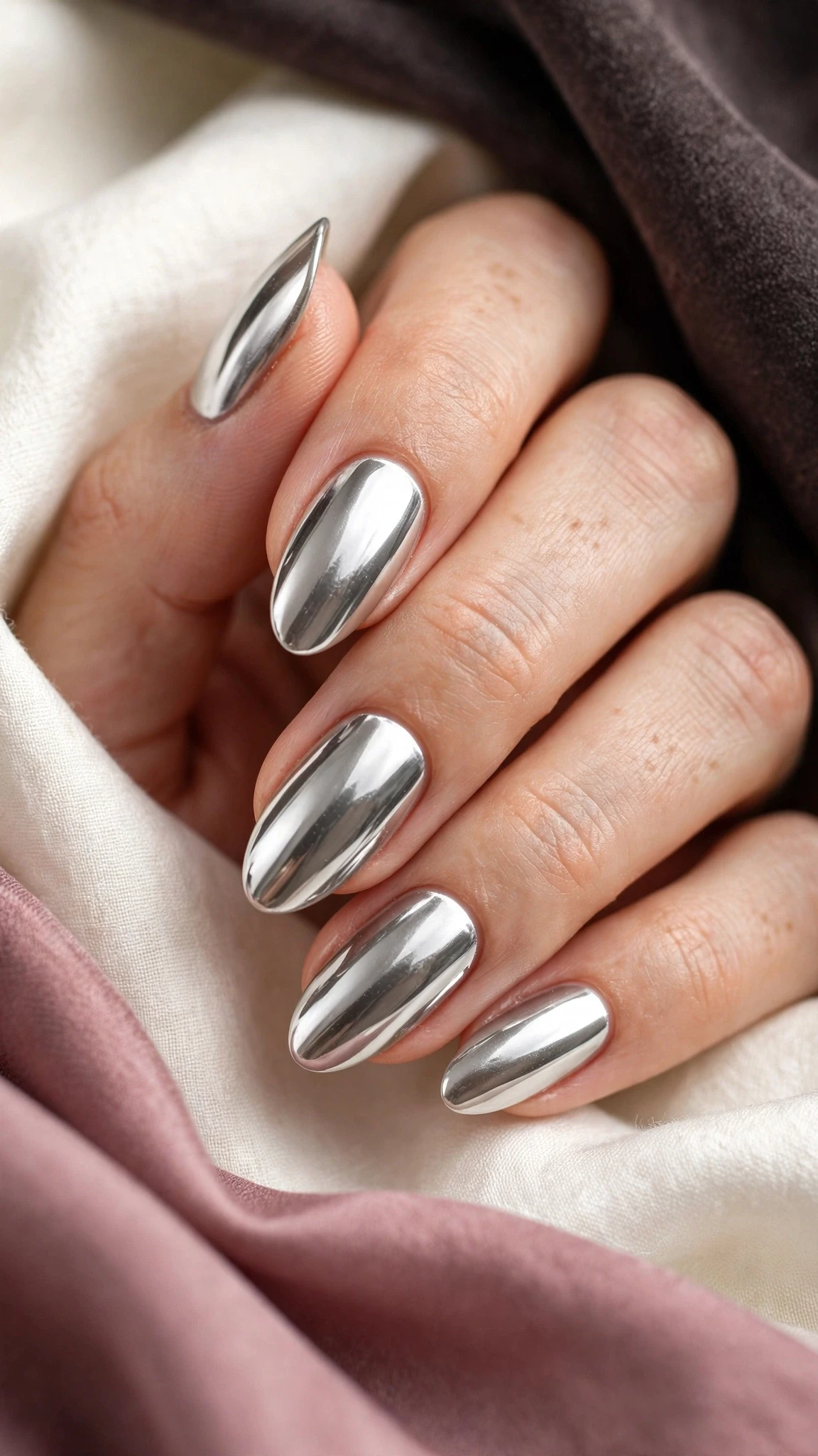 Silberne Chrom Nageldesign Ideen mit Spiegeleffekt