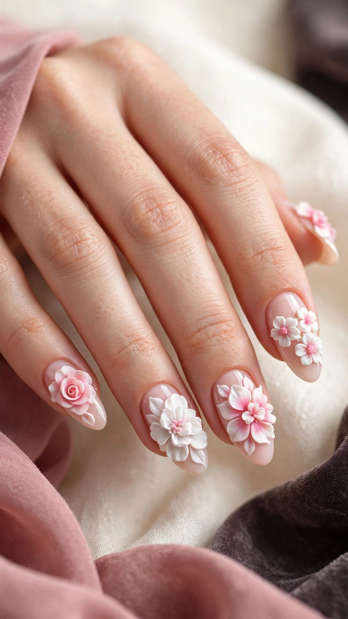 3D Blumen Nageldesign Ideen mit plastischen Bl&uuml;ten