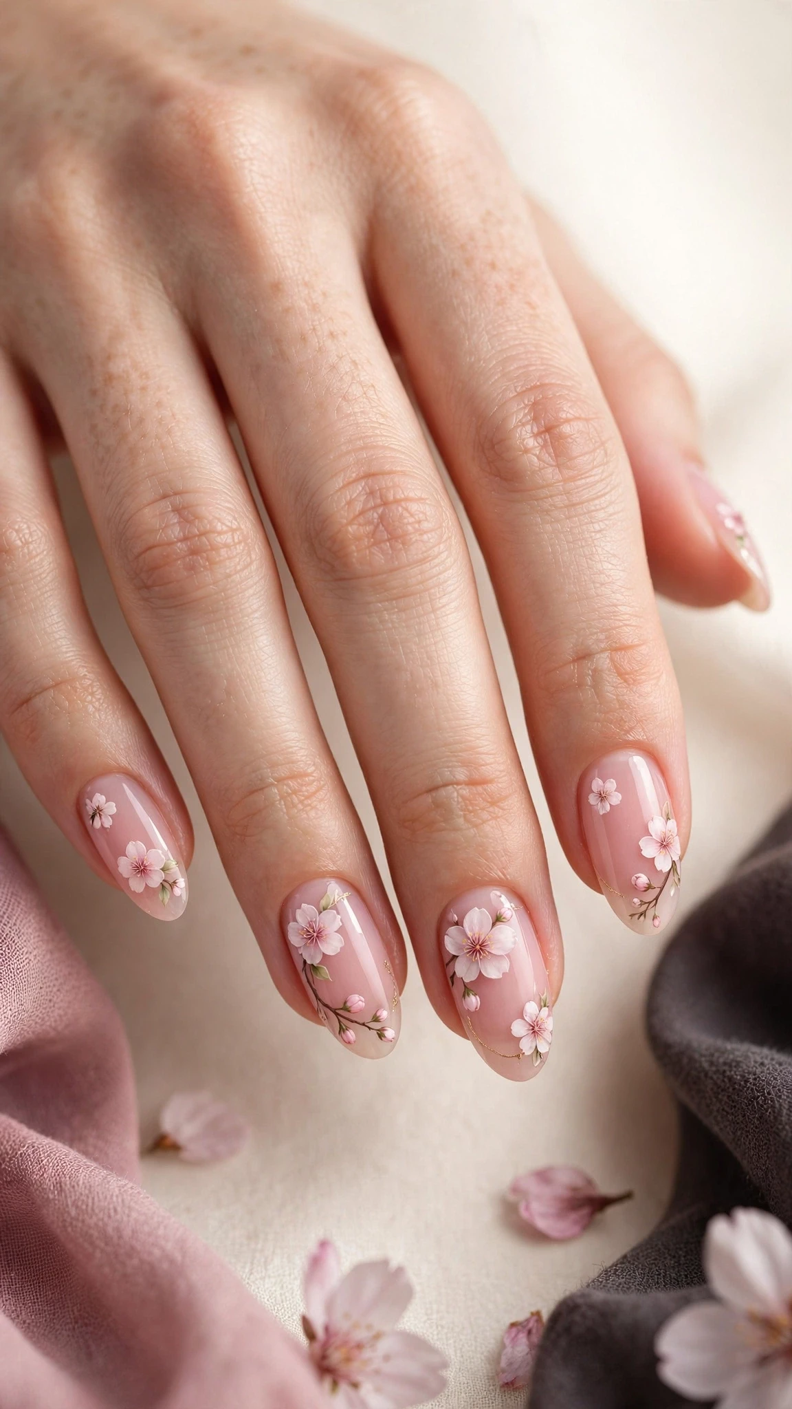 Kirschbl&uuml;ten Nageldesign Ideen auf zartem Ros&eacute;