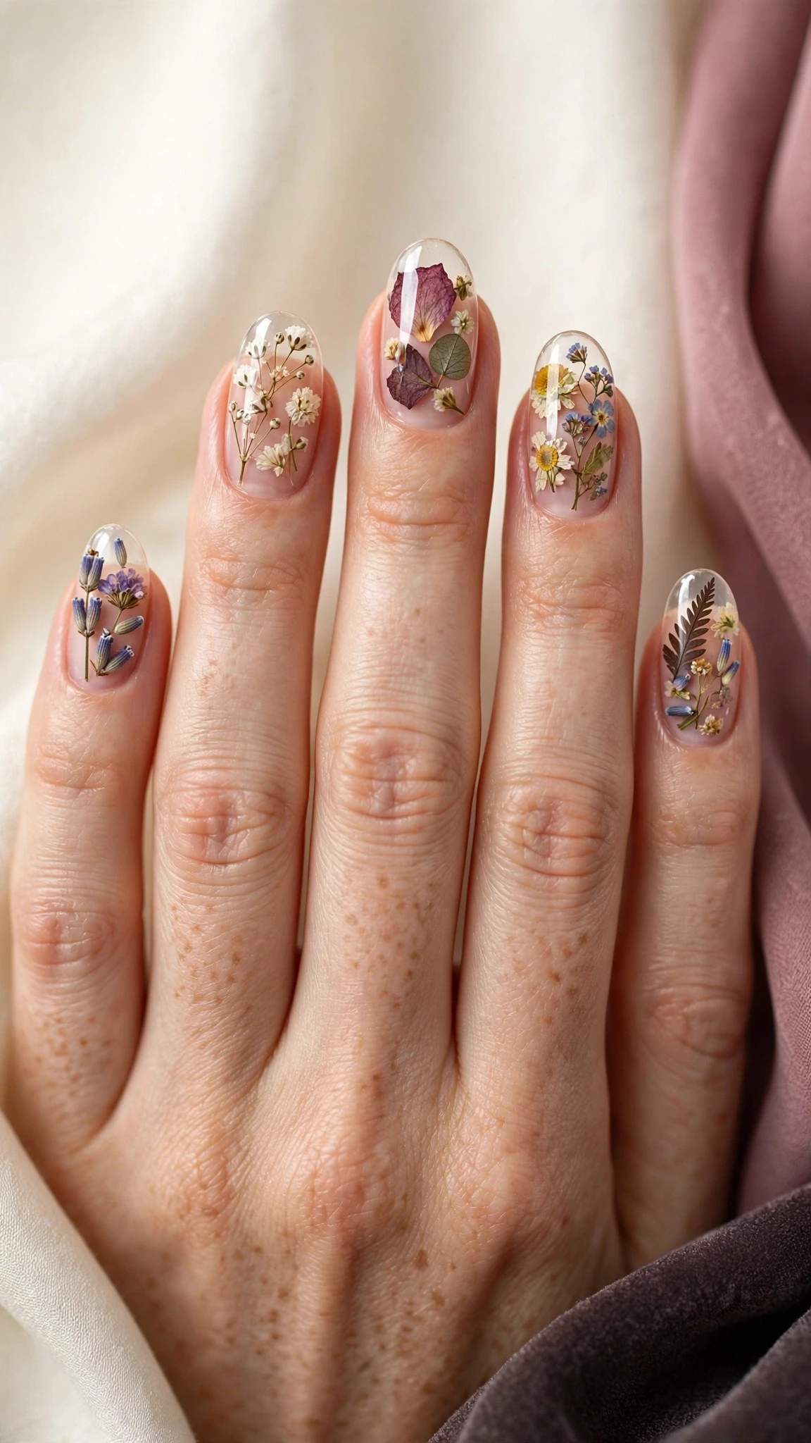 Nageldesign Ideen mit echten Trockenblumen