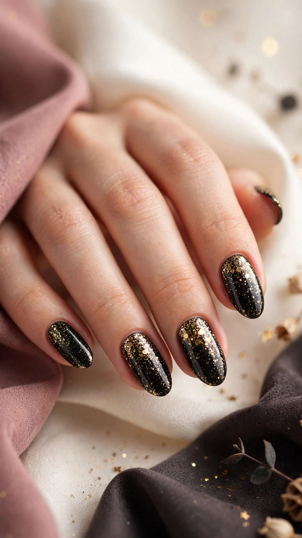 Glitzer Nageldesign Ideen f&uuml;r Silvester in Schwarz und Gold