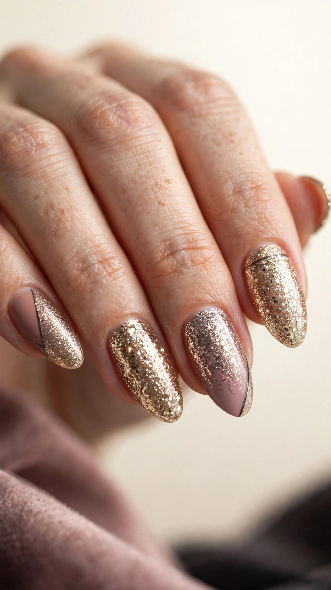Glamour&ouml;se Party Nageldesign Ideen mit Champagner-Glitzer