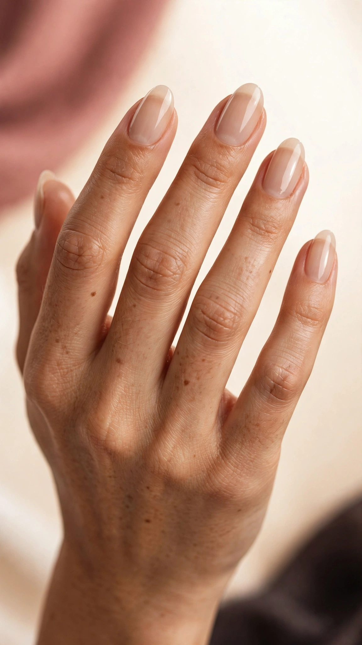 Sheer beige veil natural nails on medium skin tone
