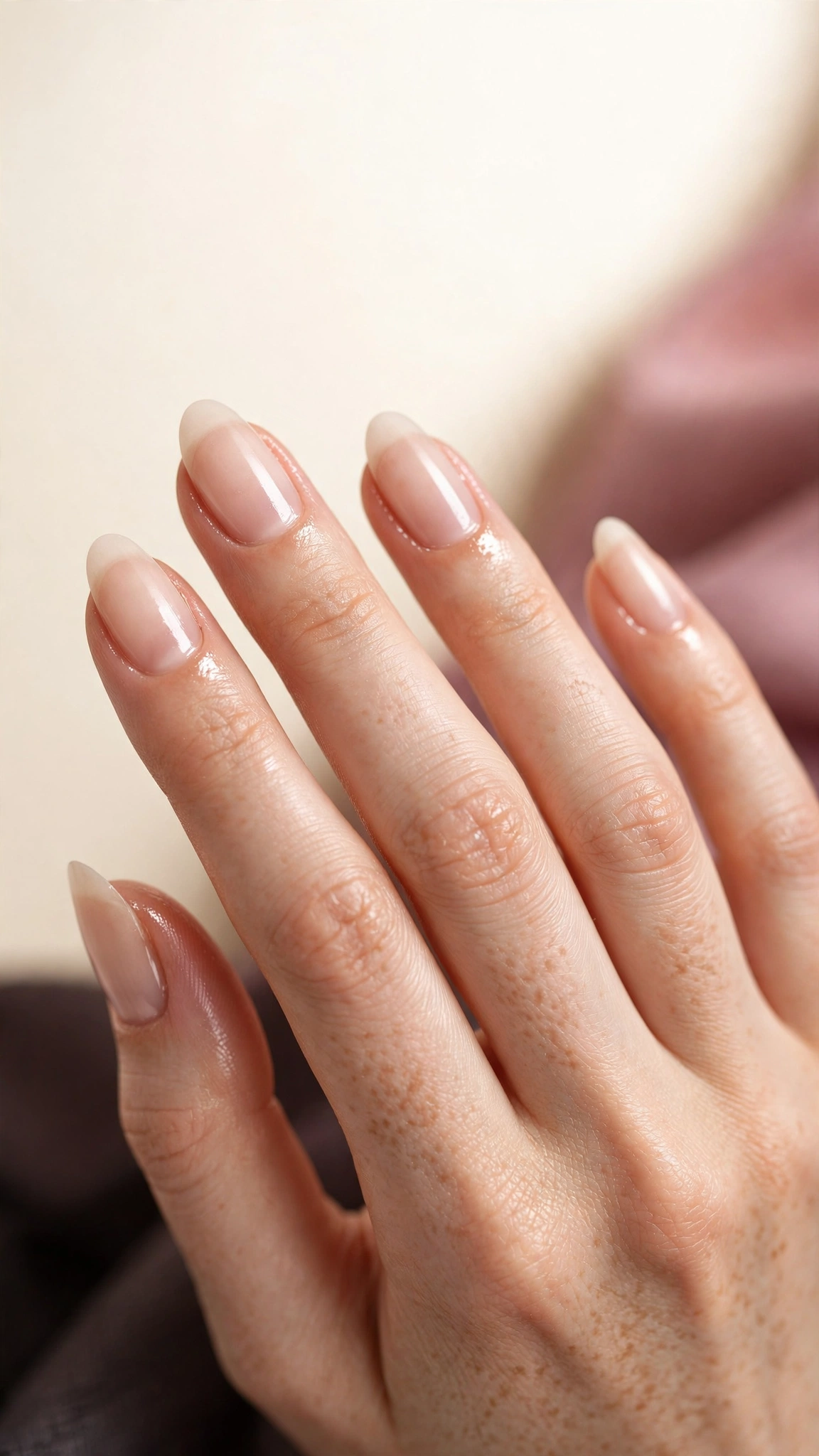 Bare almond nails with cuticle oil glow, natural healthy nails