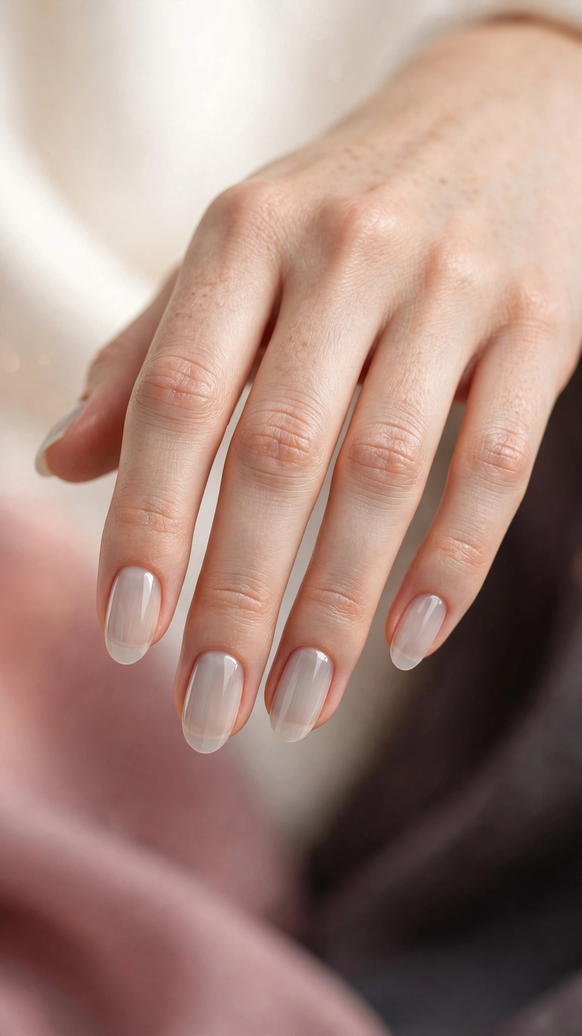 Milky greige sheer natural nails, cool-toned