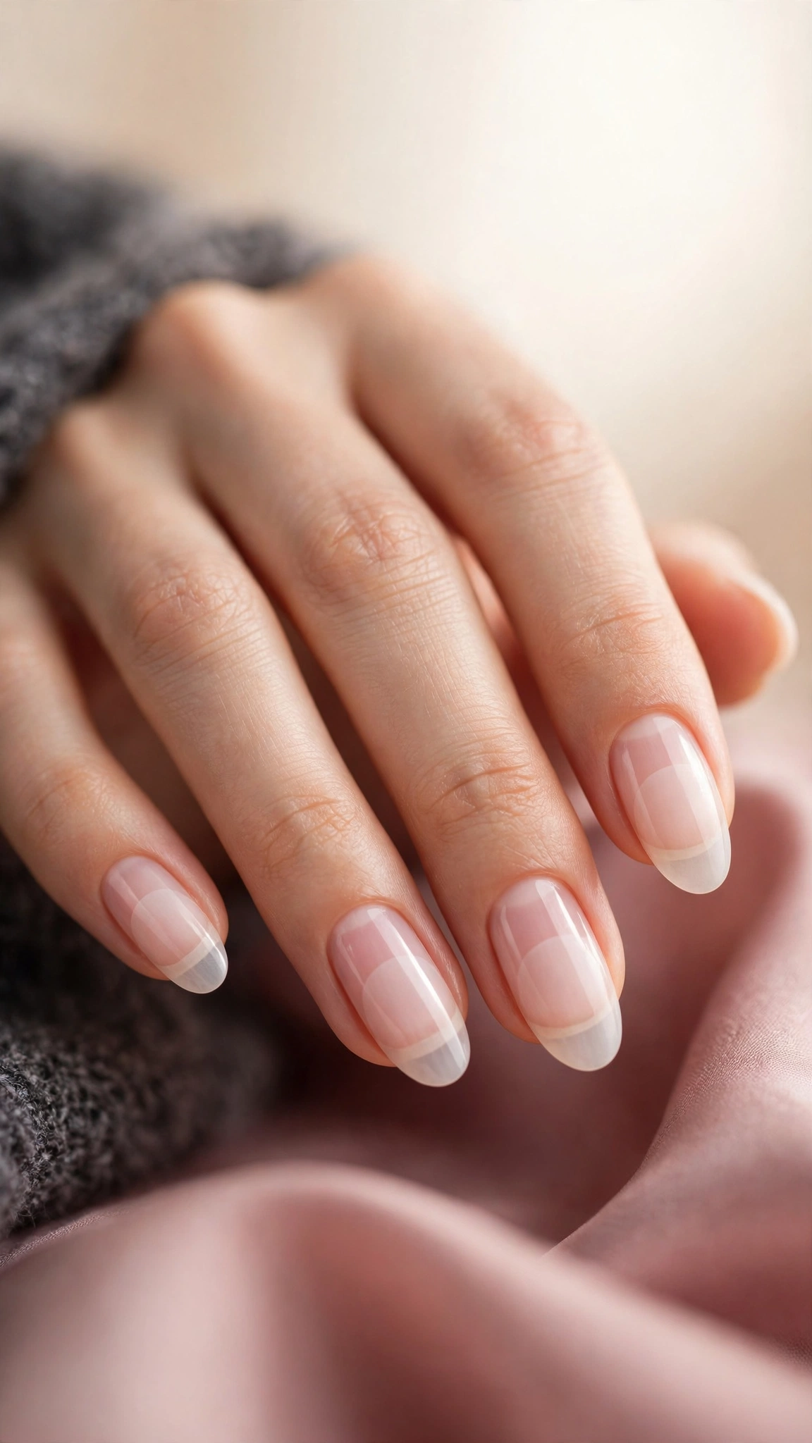 Double-layer milky sheer natural nails, pink under white