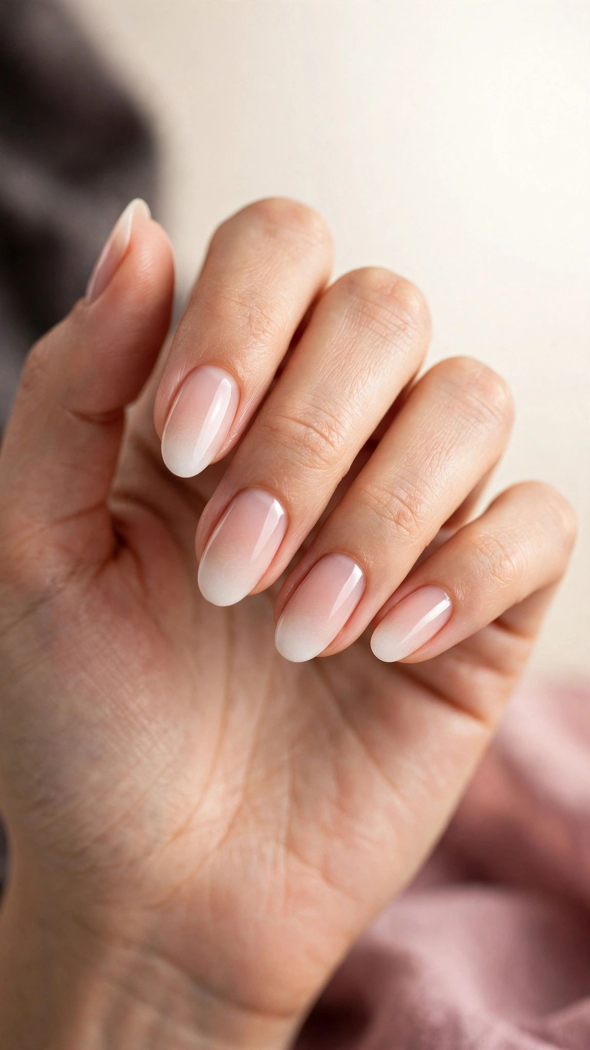 Sheer ombre tips on natural nails, baby boomer effect