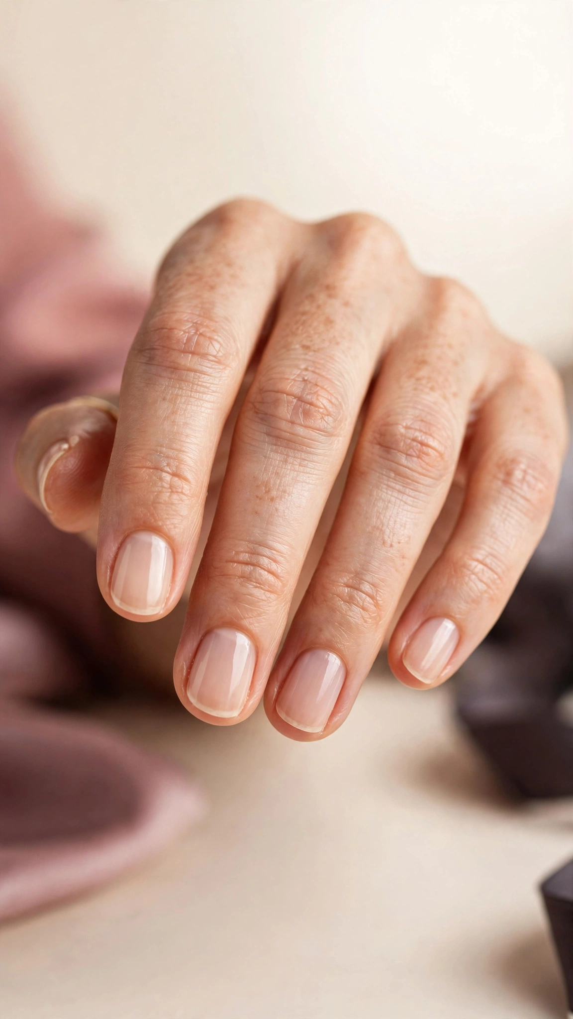 Natural short round nails in sheer nude