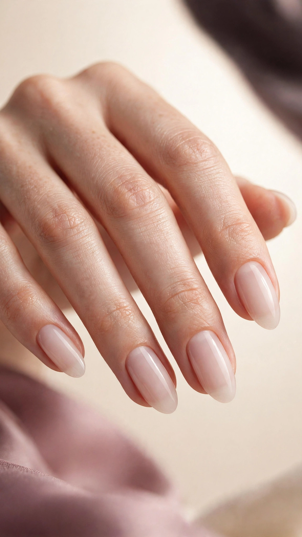 Natural long oval nails in milky sheer polish