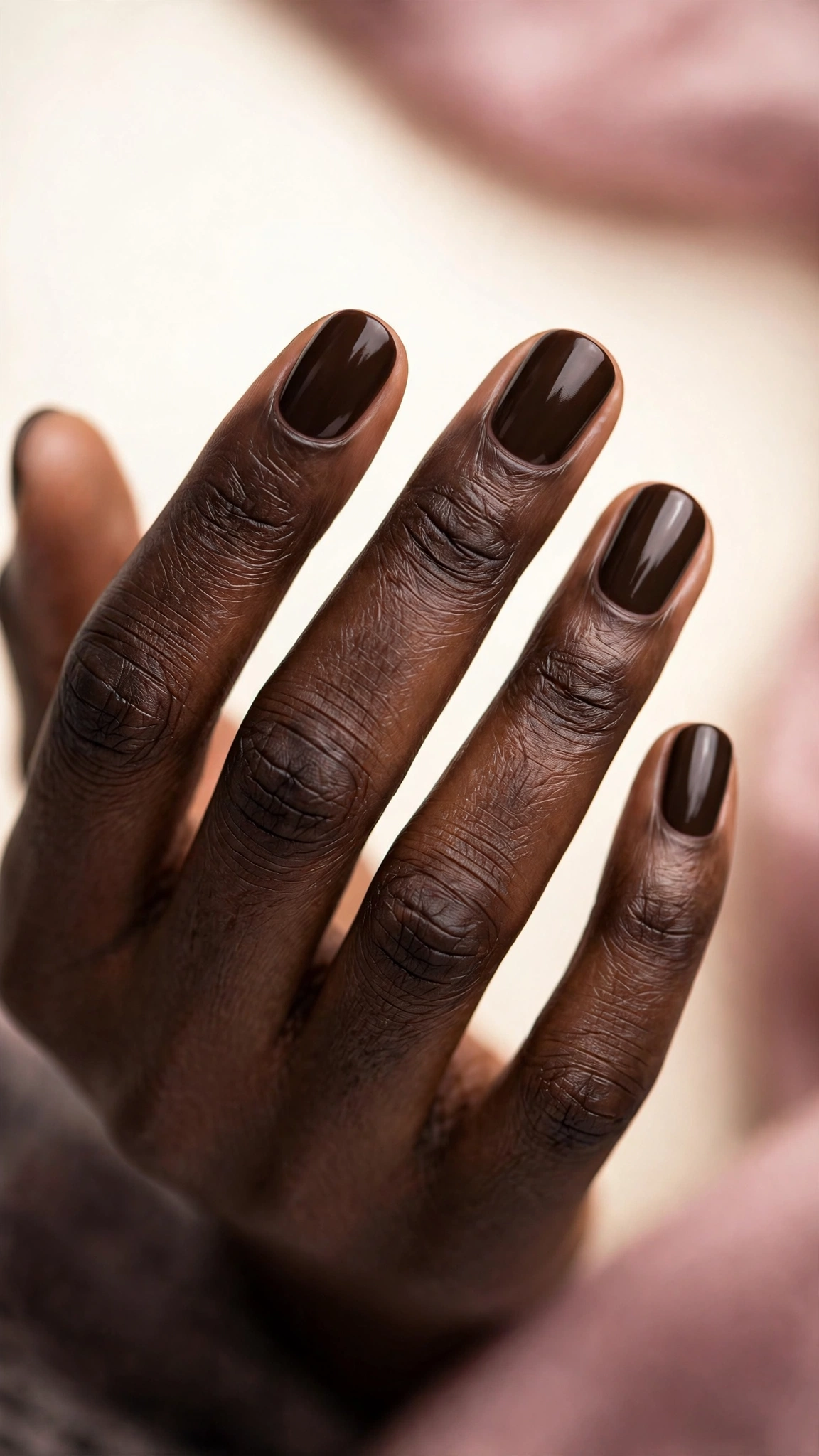 Espresso dark brown creme nails, glossy, on dark skin hands