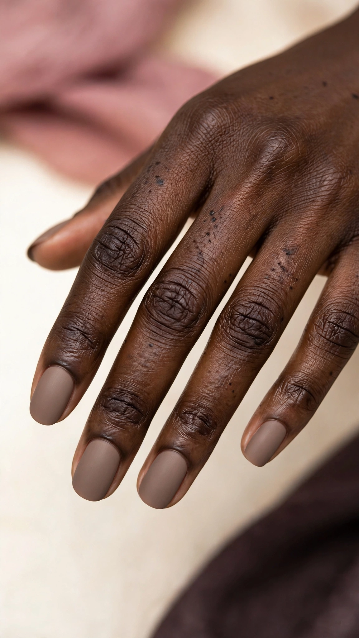 Matte mushroom taupe-brown nails, soft earthy finish, on dark skin hands