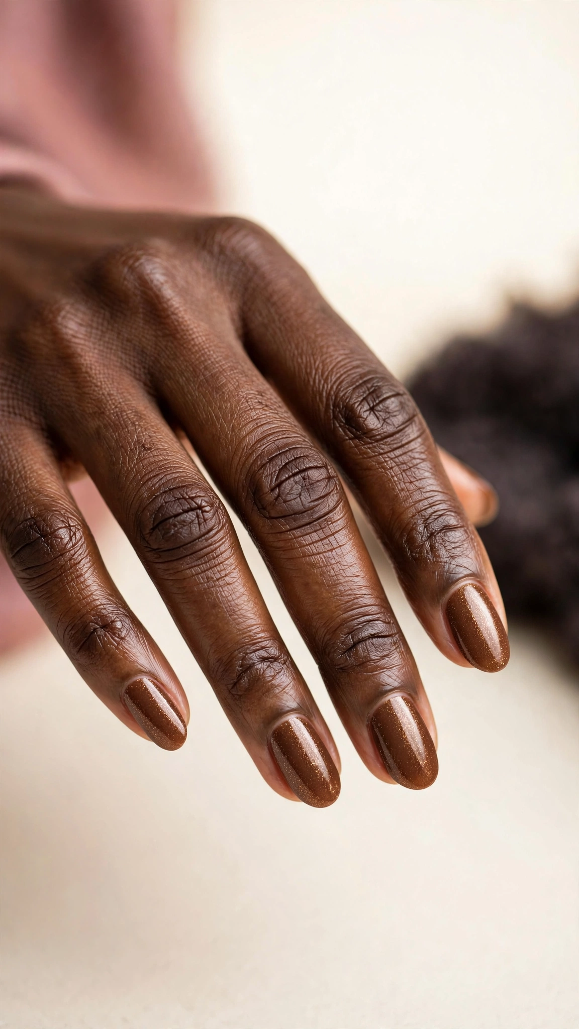 Walnut deep warm brown creme nails, on dark skin hands