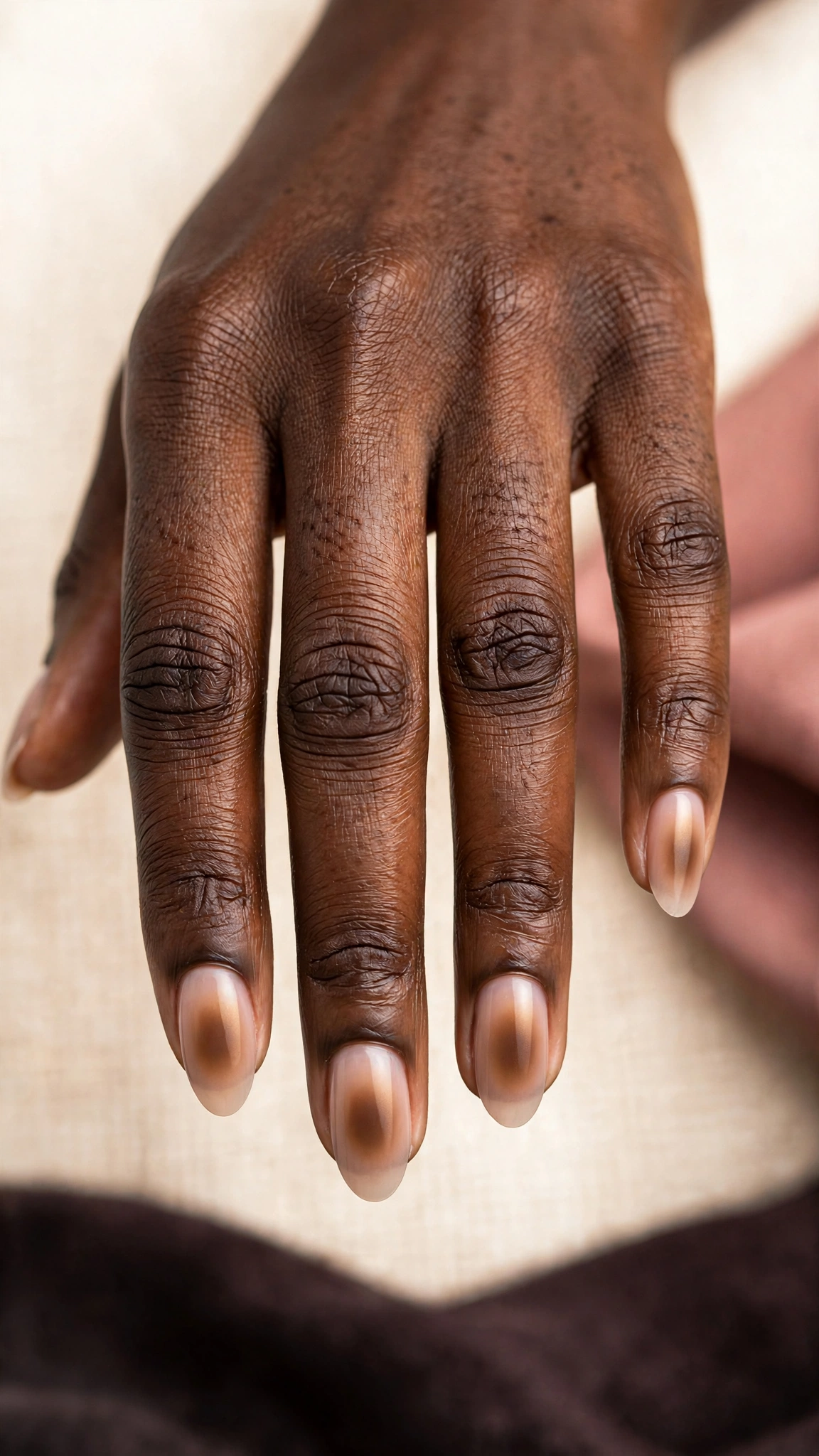 Brown aura gradient nails, soft glowing center on sheer base, on dark skin hands