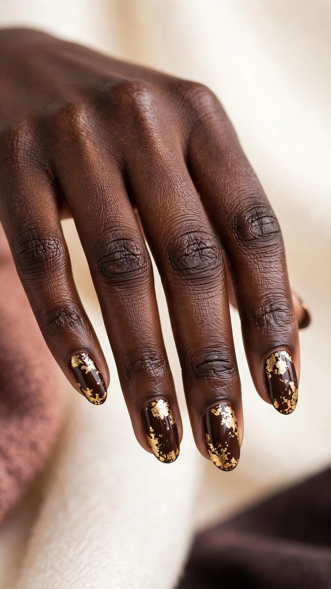 Two-tone chocolate and caramel color-block nails, on dark skin hands