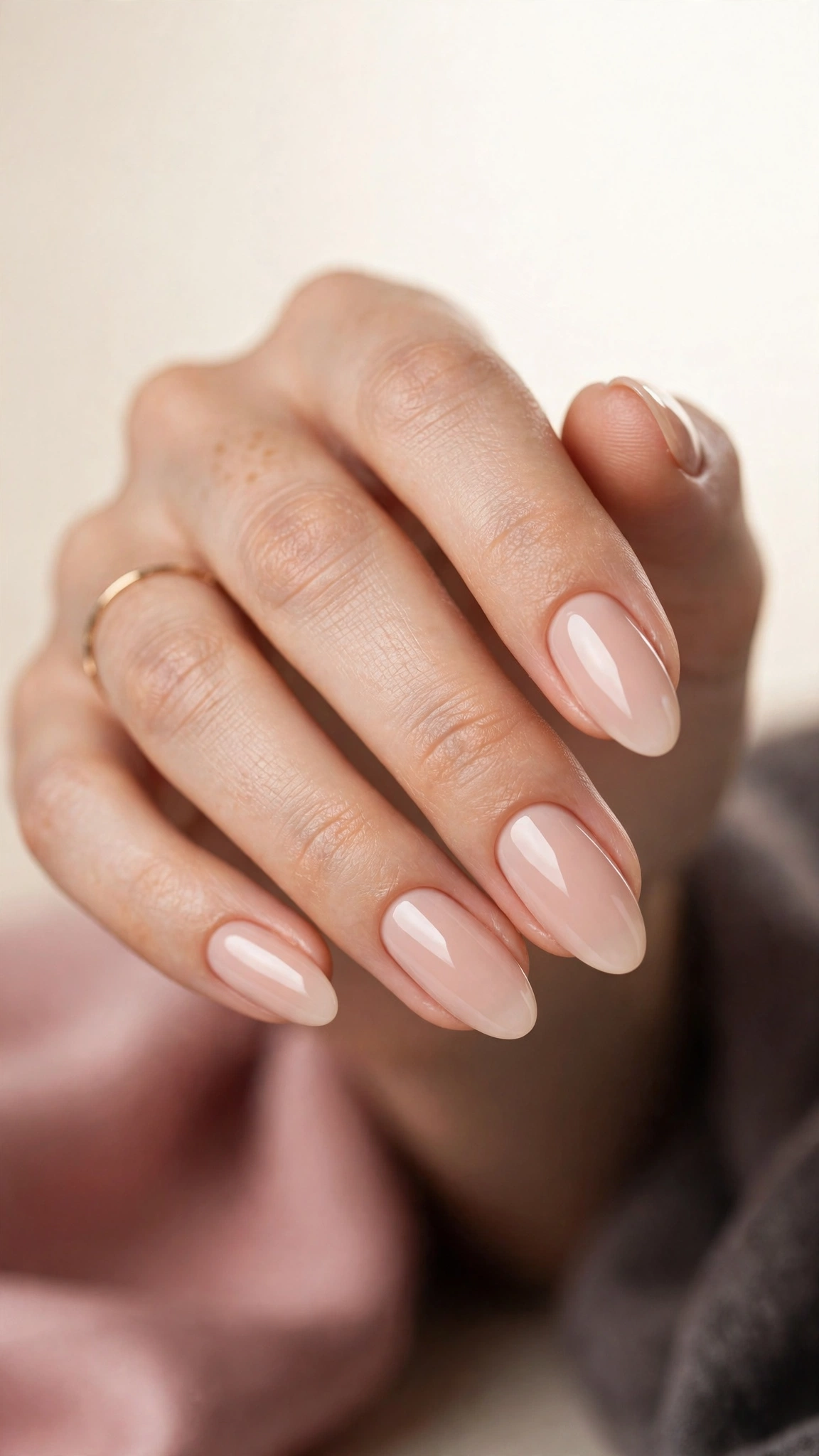 Porcelain nude glossy creme nail polish on almond-shaped nails