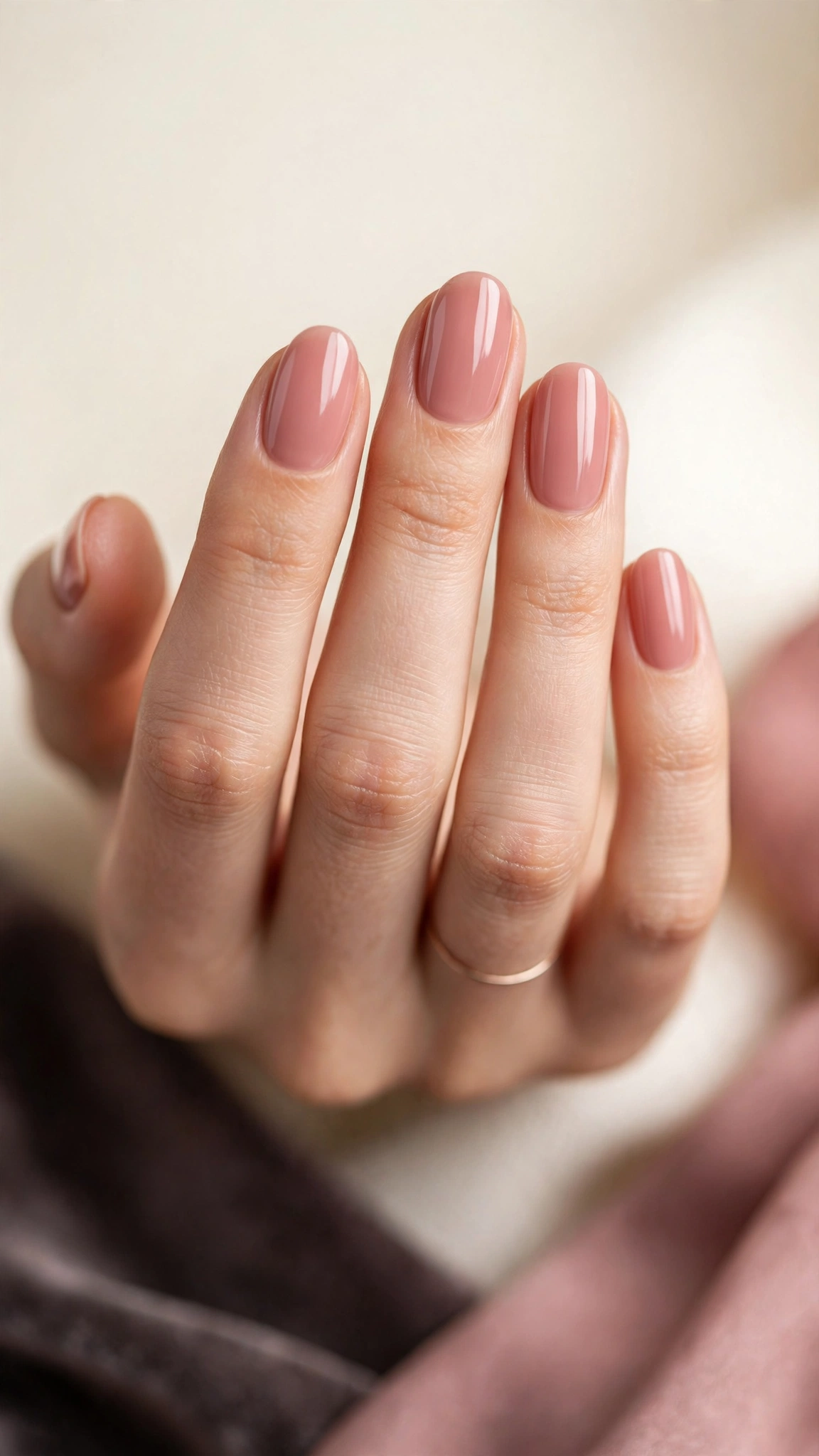 Blush pink nude nails with glossy finish on oval nails