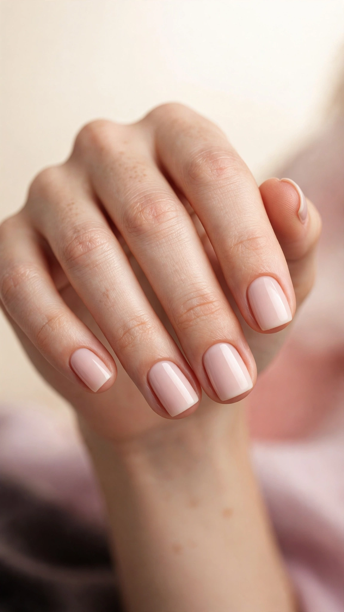 Milky blush nude nails, soft opaque pink on short square nails