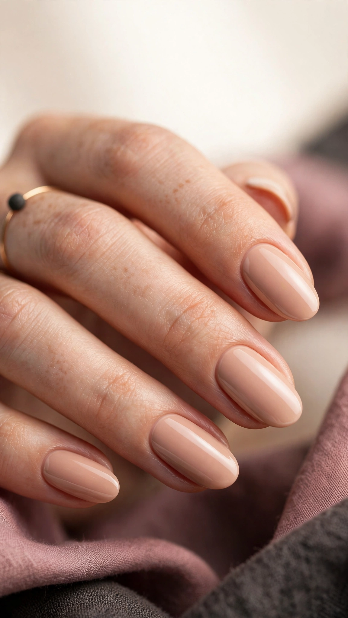 Latte creme nude nails on medium-length almond nails