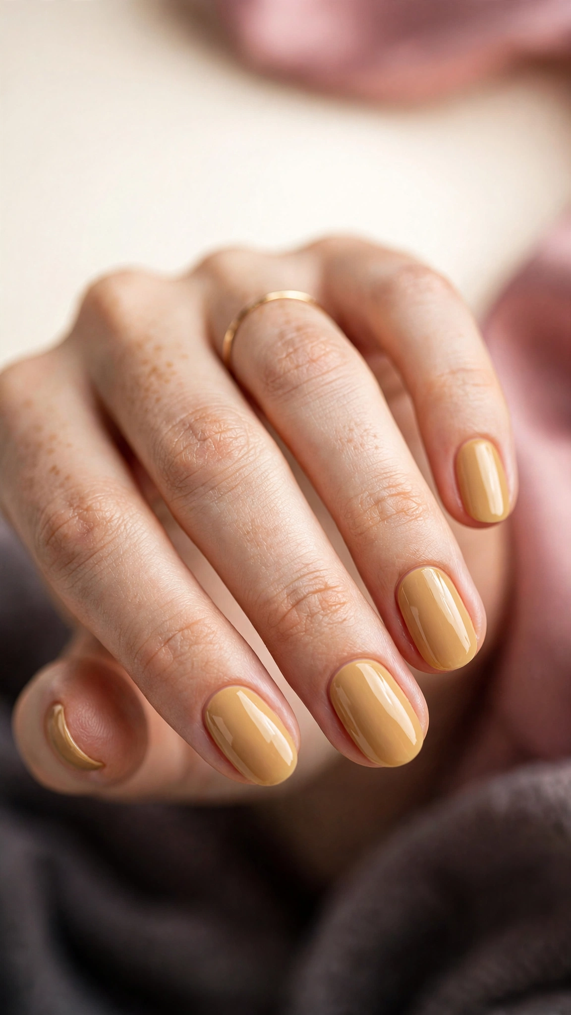 Honey beige nude nail polish on oval nails