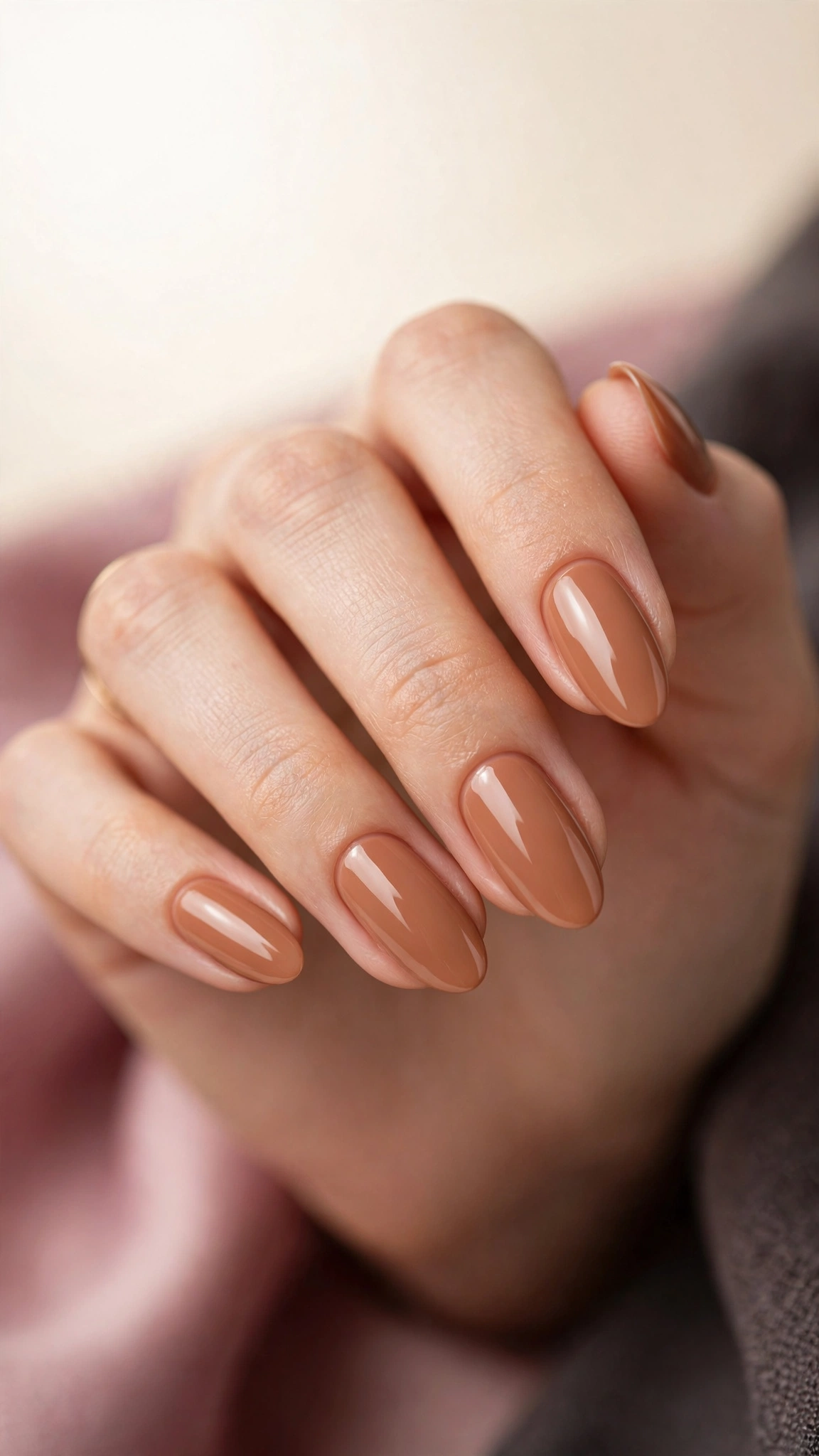 Warm caramel nude nails with glossy finish on almond nails