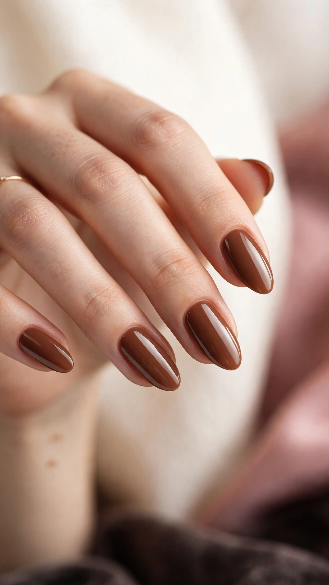 Toffee nude nail polish on almond-shaped nails