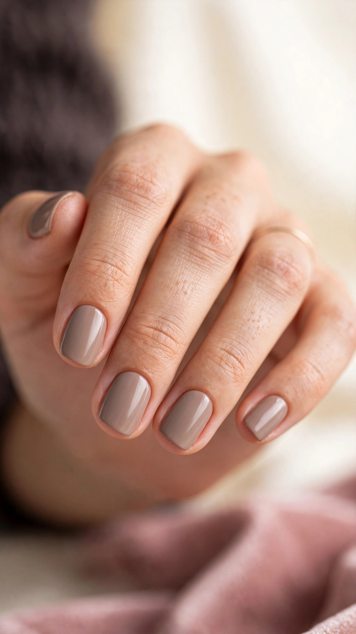 Cool taupe nude nails on short squoval nails