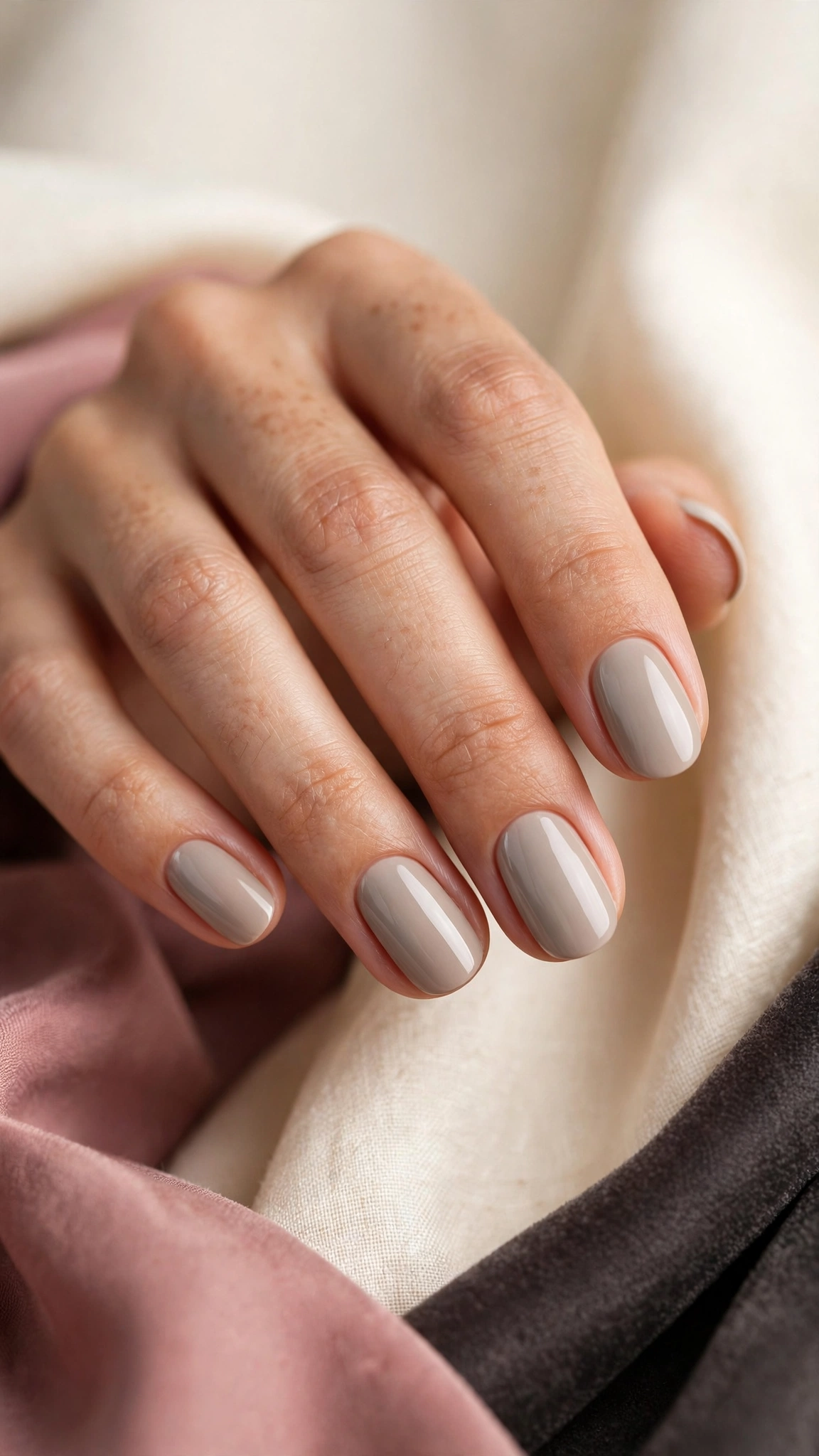 Greige nude nail polish, grey-beige shade on oval nails