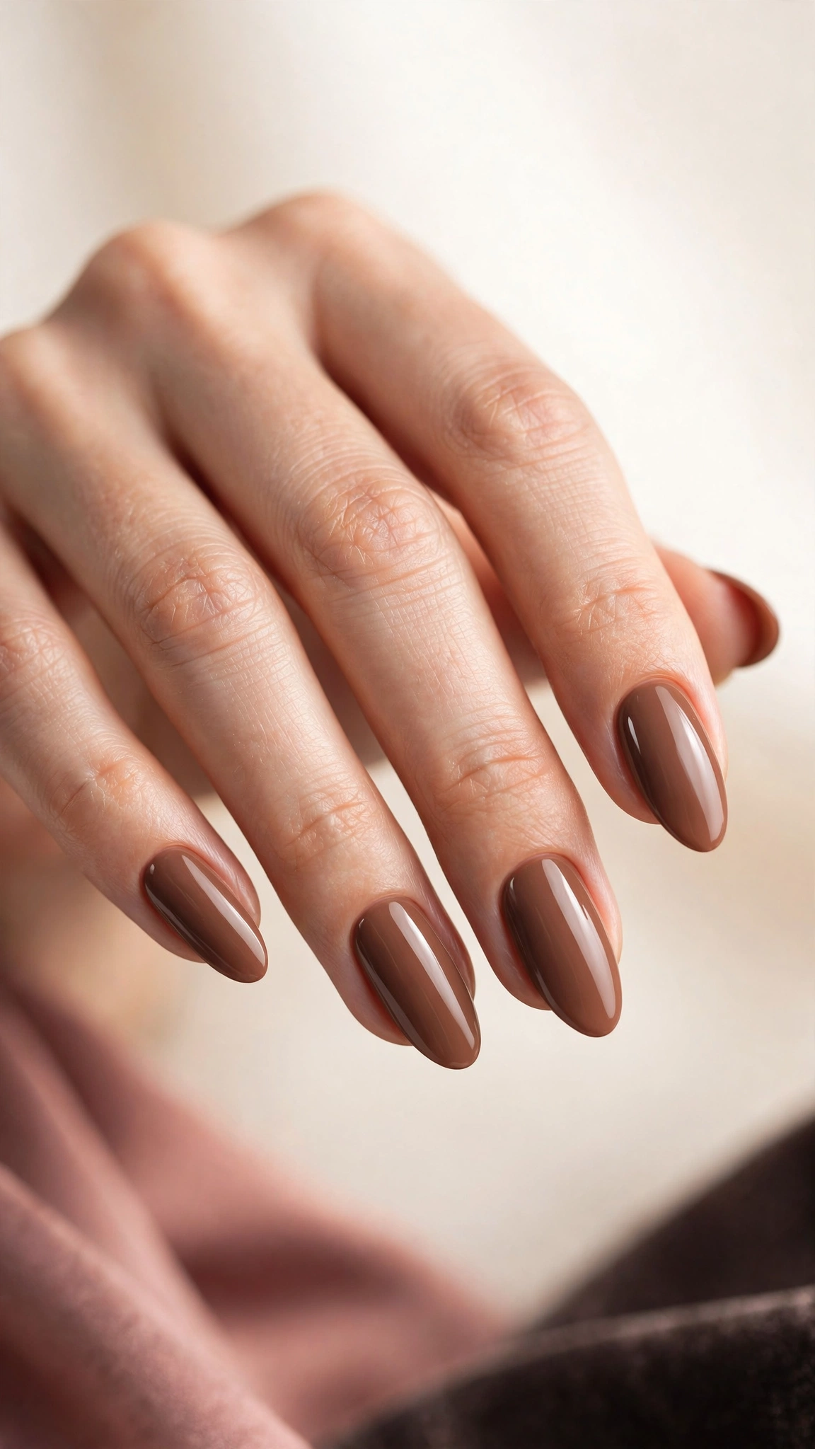 Mocha nude nails, rich brown nude on almond nails