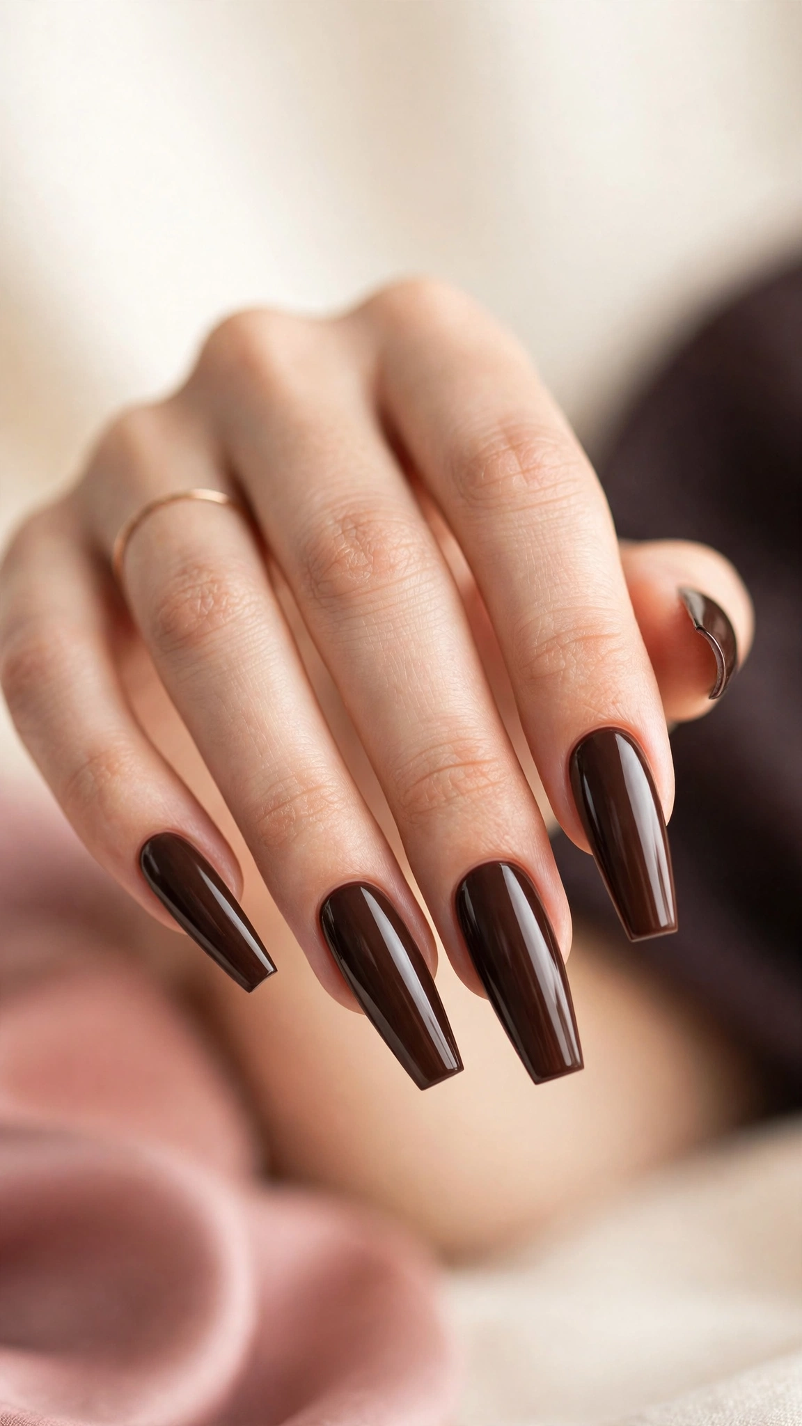 Espresso creme nude nails on long coffin nails