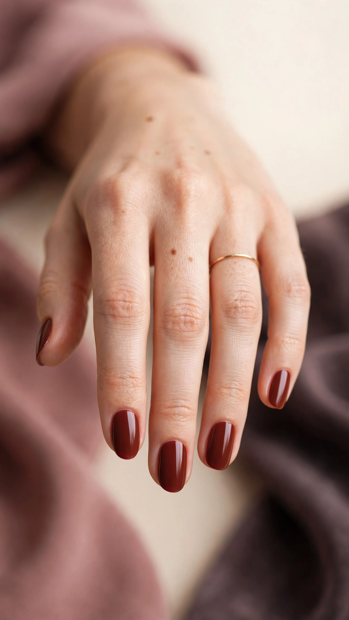 Deep mahogany nude nail polish with warm red undertone on oval nails