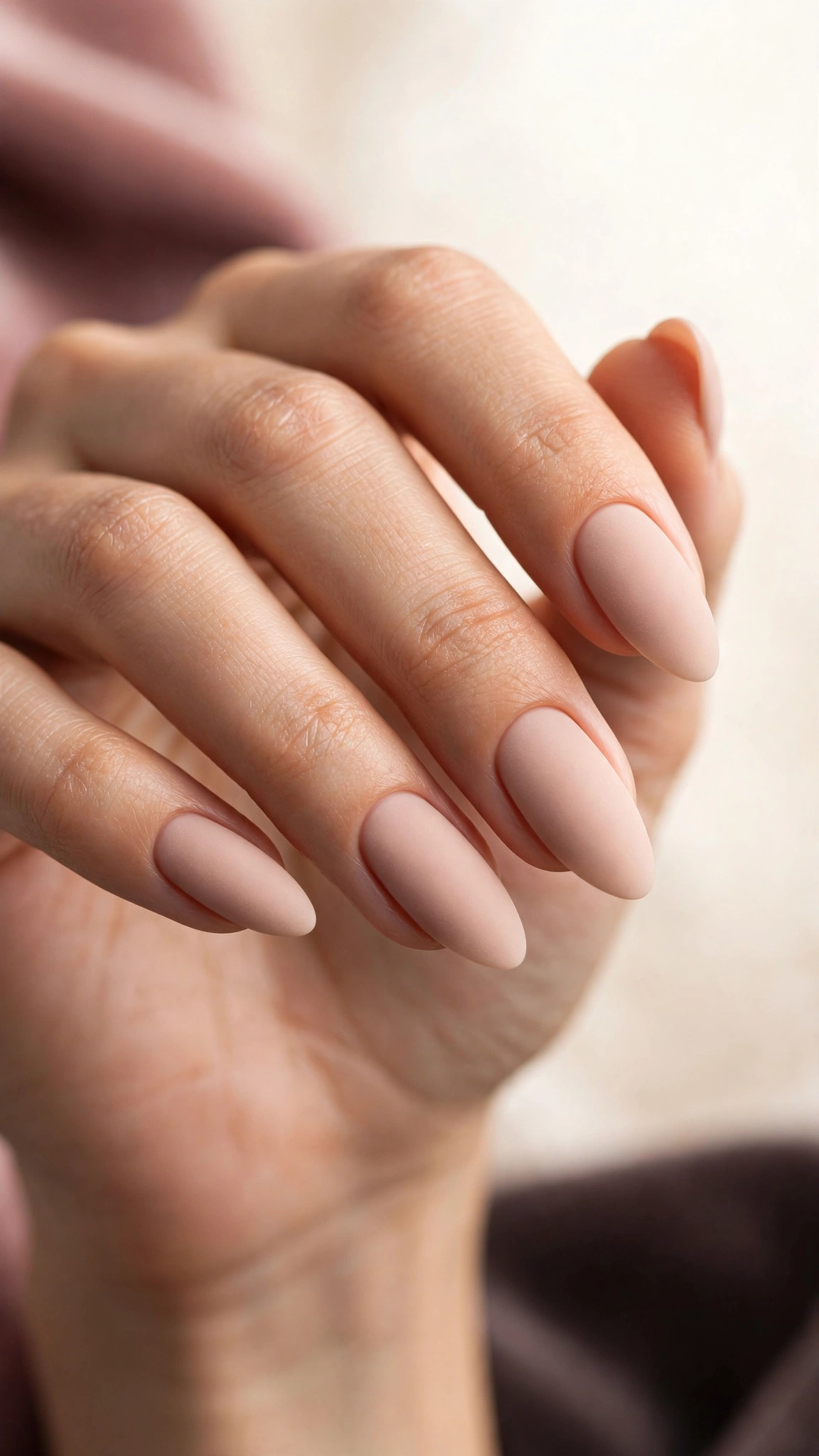 Matte porcelain nude nails with velvety finish on almond nails
