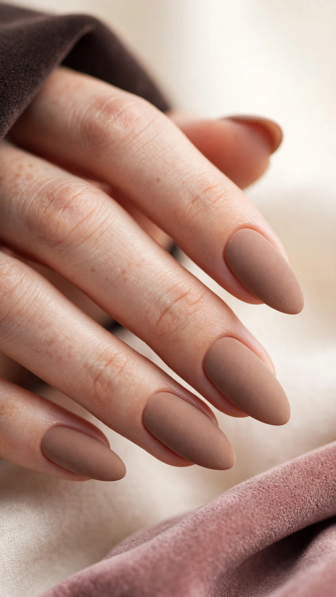 Matte mocha nude nails with velvety finish on almond nails