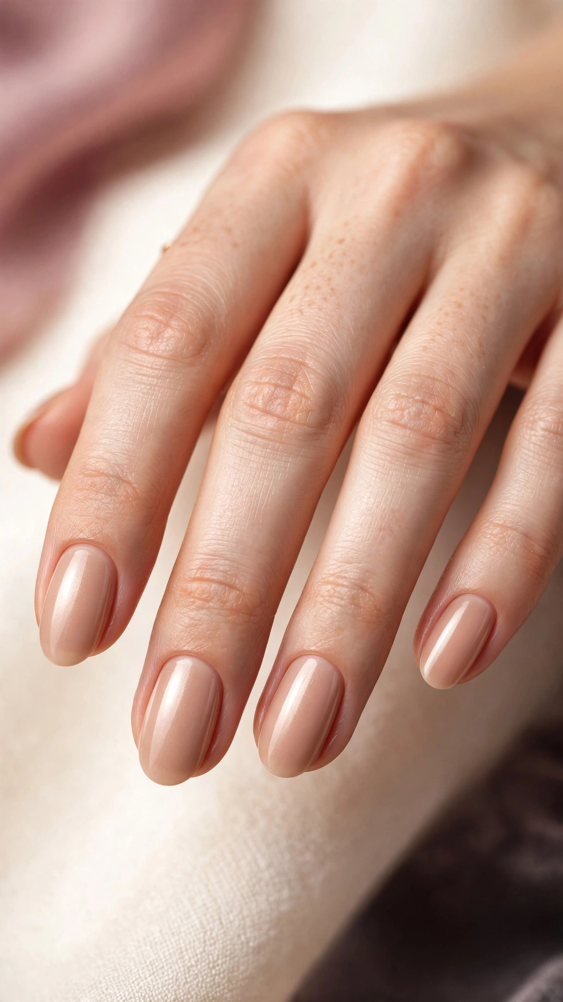Satin sheen nude nails with soft glow on oval nails