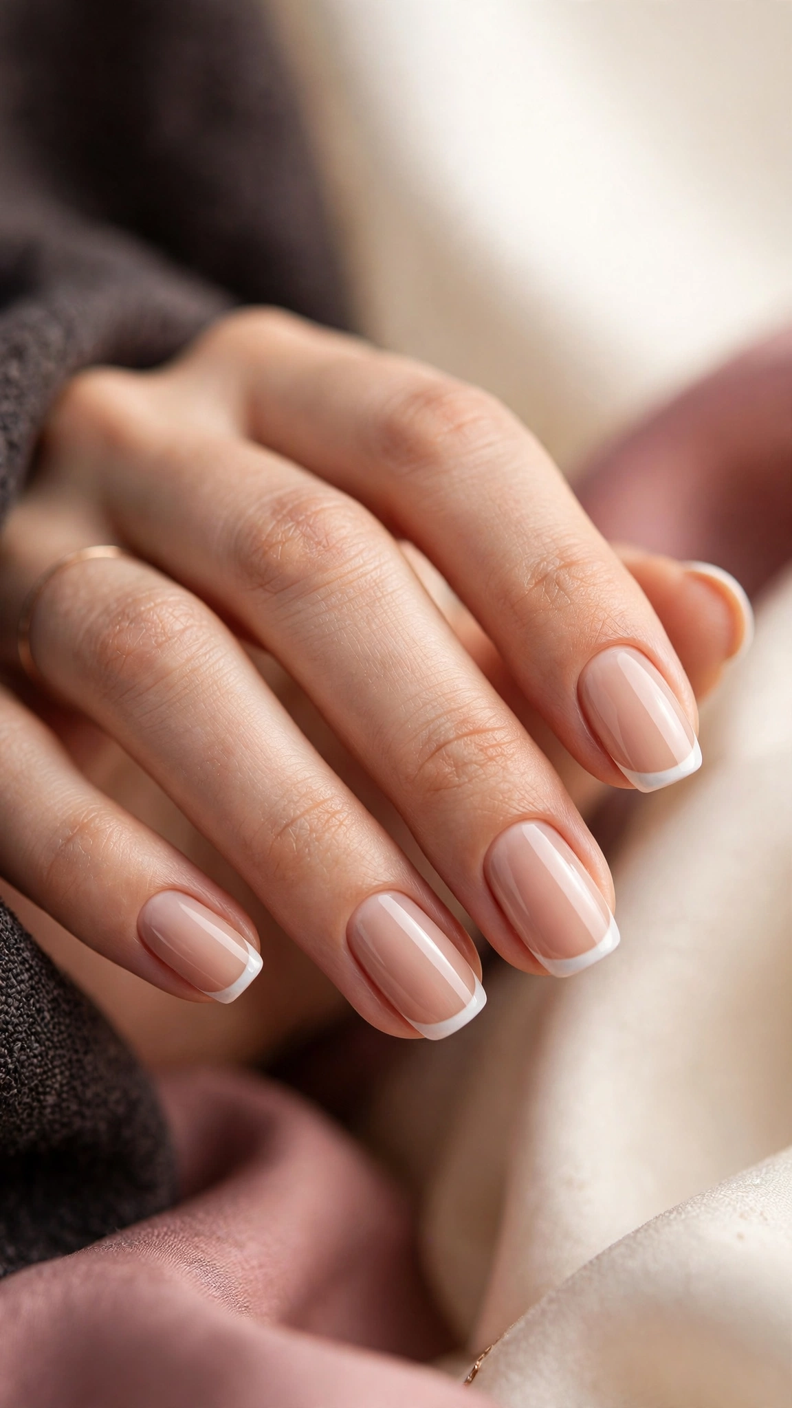 Nude French tip nails with crisp white tips on a sheer nude base