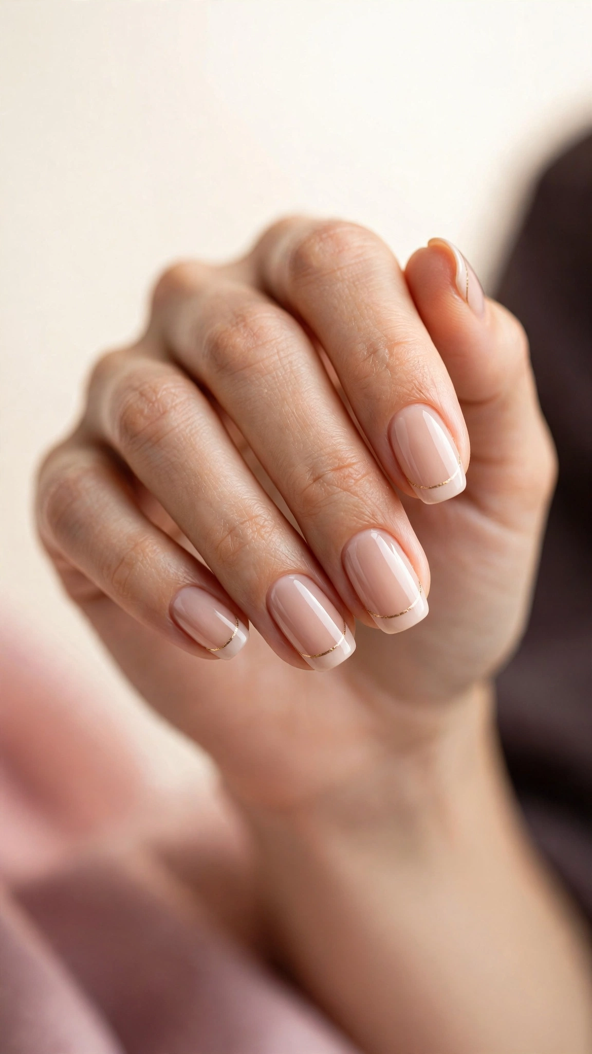Nude French nails with a thin gold line under crisp white tips