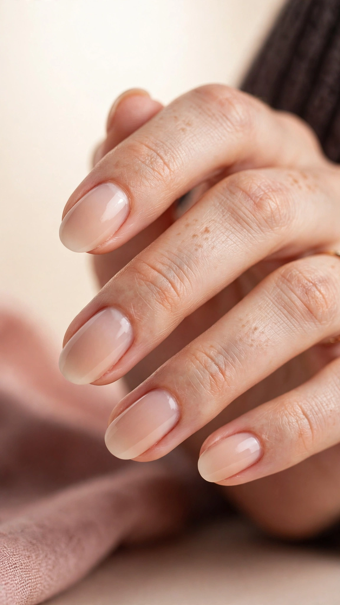 Nude ombre nails fading from a bare cuticle to an opaque nude tip