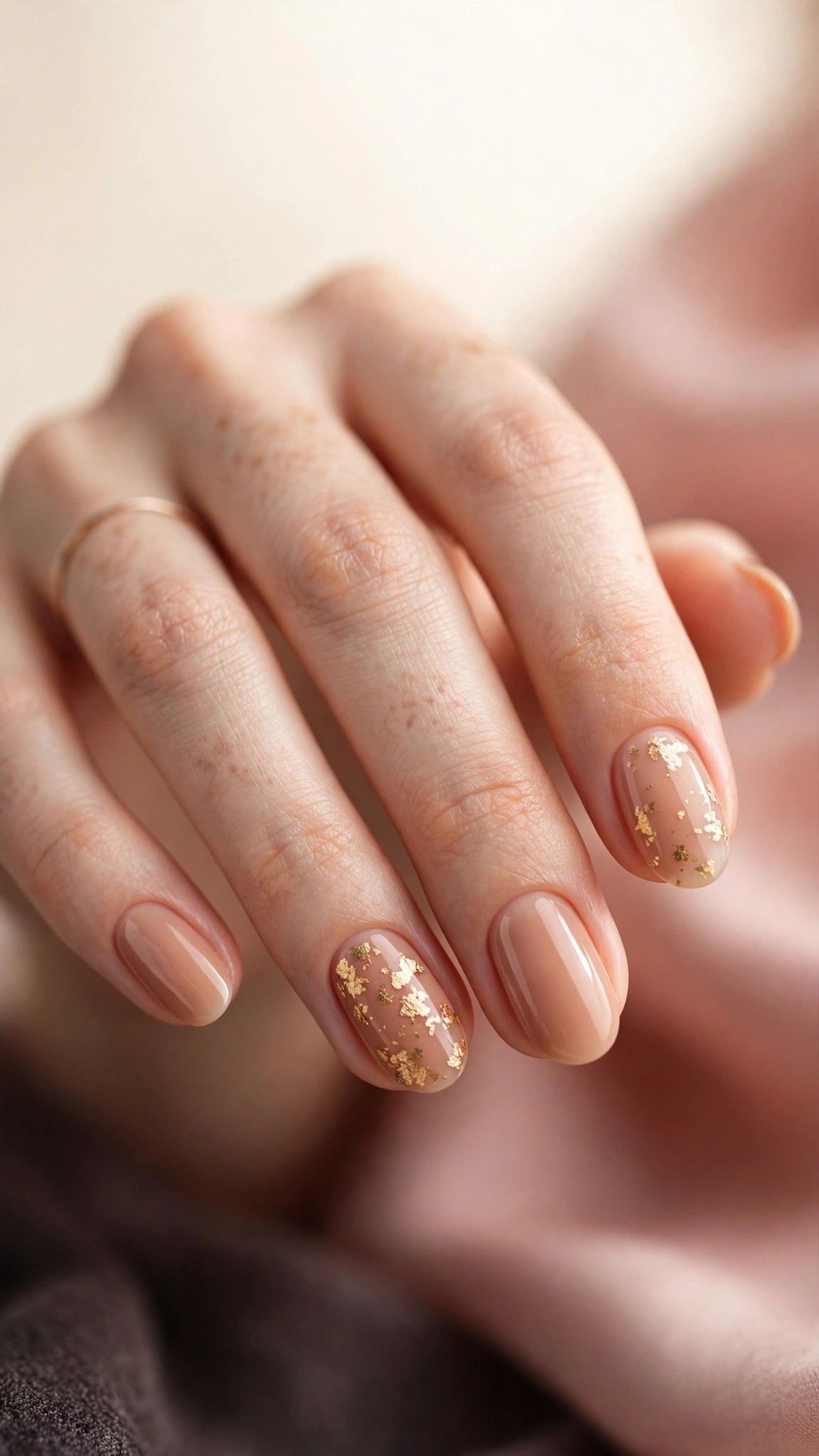 Nude nails with delicate gold foil flakes on an accent nail