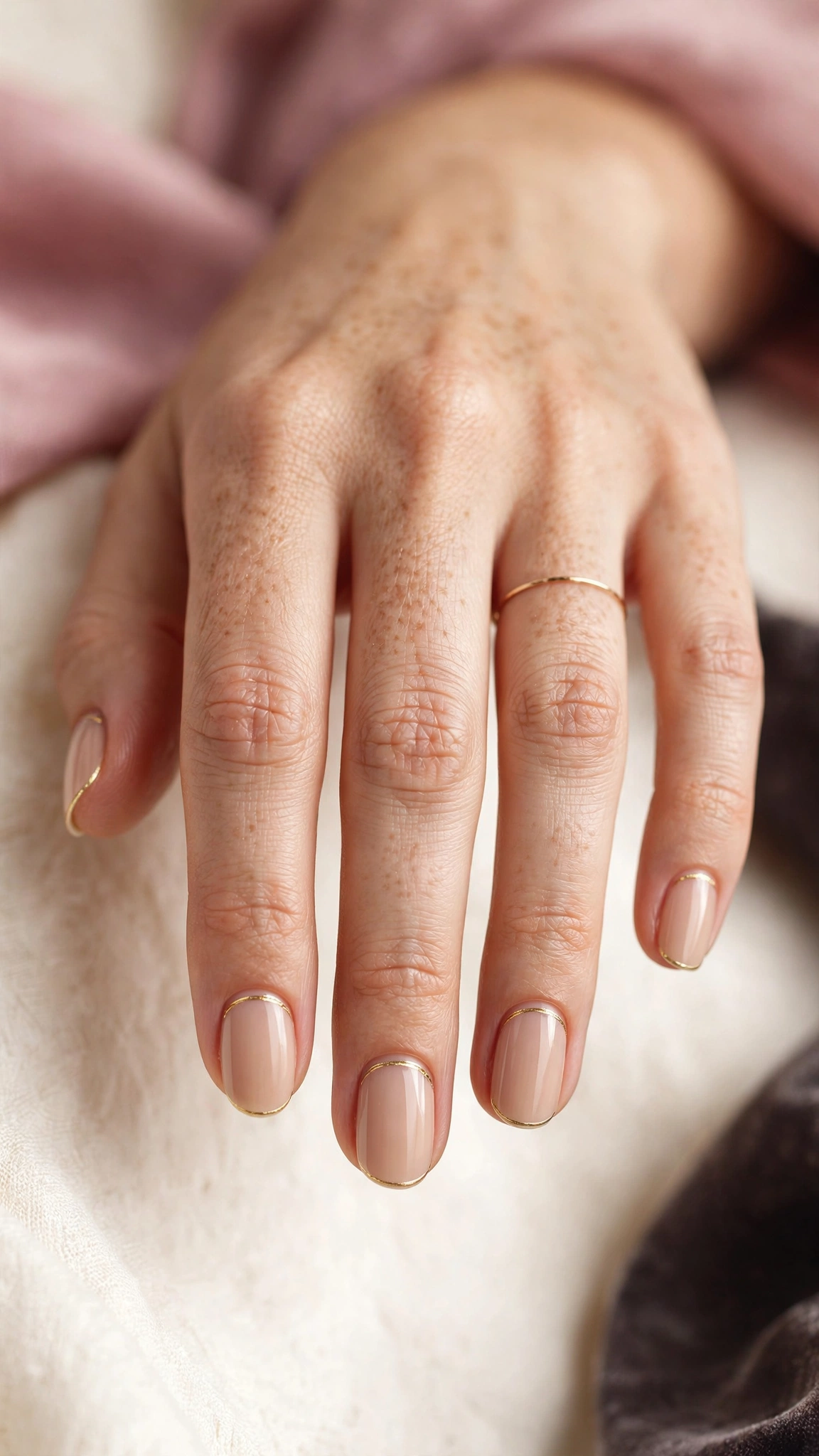 Nude nails with a thin metallic gold line above the cuticle