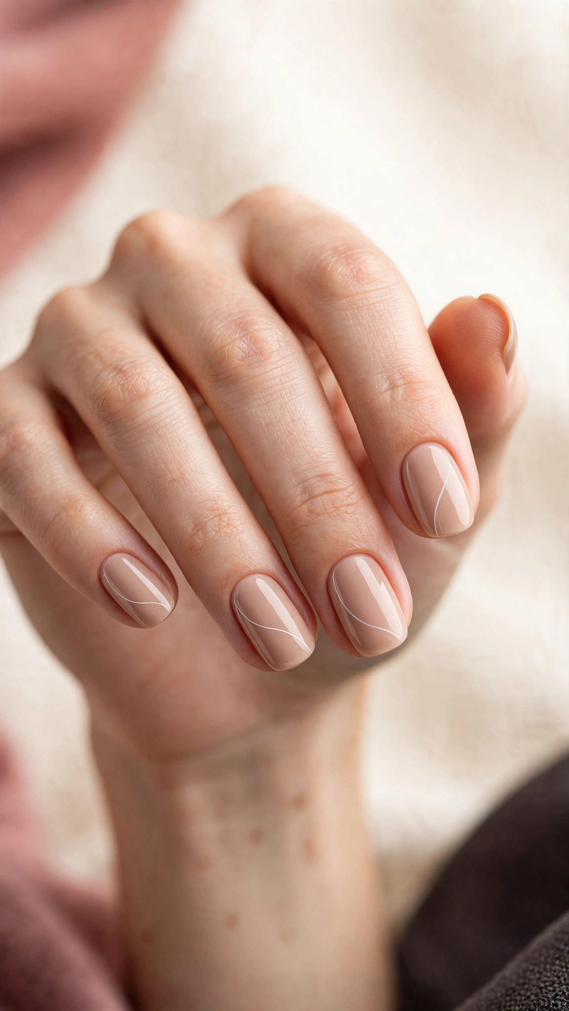 Nude nails with minimal white line art, single curved line